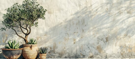 Wall Mural - A potted olive tree and succulents in a corner. Copy space image. Place for adding text and design