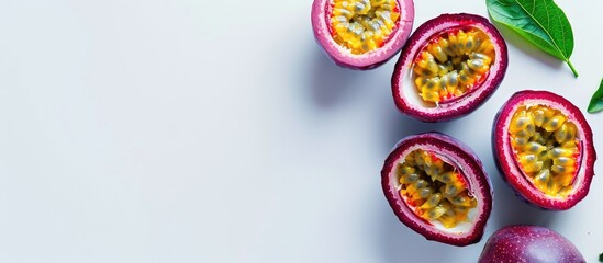 Wall Mural - Purple Passion fruit (Maracuya Passiflora) with cut in half sliced isolated on white background. Top view. Flat lay. Copy space image. Place for adding text and design