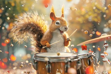 A squirrel is playing a drum in a forest scene
