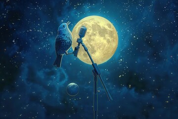 Wall Mural - A bird is perched on a pole next to a microphone