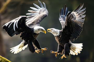 Wall Mural - Two bald eagles fighting in flight over blurred background