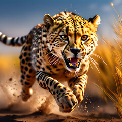 A swift cheetah sprinting across an open plain, captured in mid-stride with muscles rippling, epitomizes the unmatched speed and power of Africa's fastest land animal.