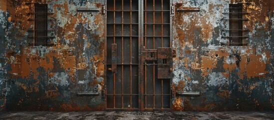 Poster - Entrance door with steel grille and narrow passage. Copy space image. Place for adding text and design