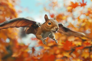 A squirrel is flying through a tree with orange leaves