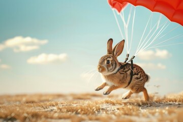 A rabbit is flying through the air with an umbrella