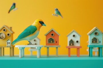 Wall Mural - A bird is perched on a table in front of a row of birdhouses