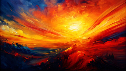 Wall Mural - Dramatic orange and red hues paint the sky and clouds at dusk, reflecting fiery light on the water