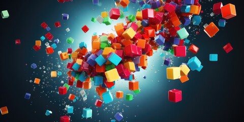 Swirling or bursting cubes of colors. Rising creativity concept