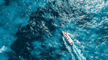 Wall Mural - Wave and sail yacht on the sea as a background 
Sea and waves from top view Blue water background from top view Top view from drone Summertime vacation Travel image : Generative AI