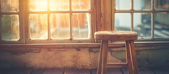 Wall Mural - Vintage stool in front of window background. Copy space image. Place for adding text and design