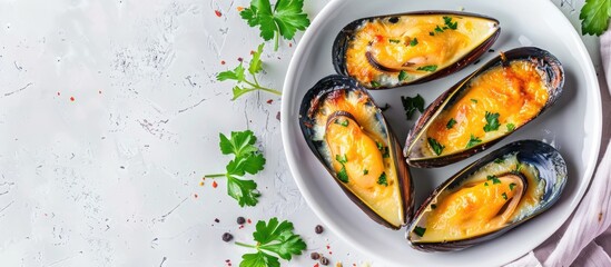 Wall Mural - fresh mussel baked with cheese pastel background food. copy space image. place for adding text and d