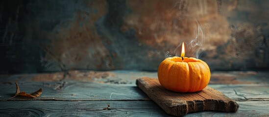 Wall Mural - burning candle in an orange pumpkin on a wooden board. copy space image. place for adding text and d