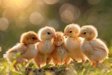 A group of baby chicks are sitting on the ground in a field