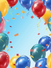 Poster - A celebratory image of colorful balloons against a blue sky, showcasing a graduation party with confetti and school-themed decorations. Generative AI