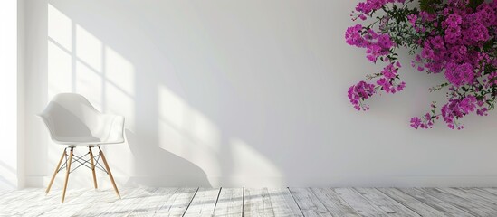 Sticker - Bright white interior with lots of pink and pirple flowers on chair on wooden floor. Copy space image. Place for adding text and design