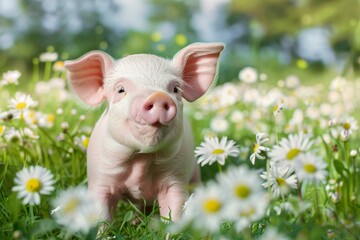 Wall Mural - A pig is standing in a field of flowers