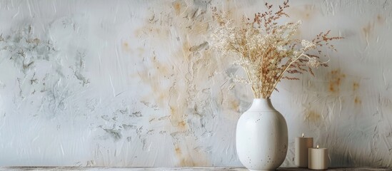 Wall Mural - creative composition of living room interior with copy space, stylish vase, wall with stucco.home de