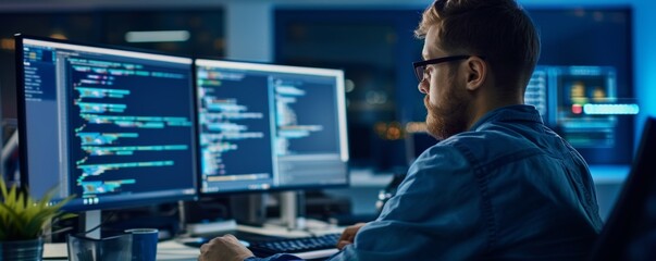 software developer focused on computer screens with code. programming, coding, and developing softwa