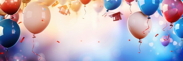 Canvas Print - Balloons with congratulatory messages and school symbols float against a backdrop of a graduation party scene. Generative AI