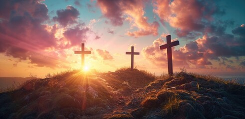 Sunset Silhouettes of Three Crosses on a Hill with Dramatic Sky and Sun Rays