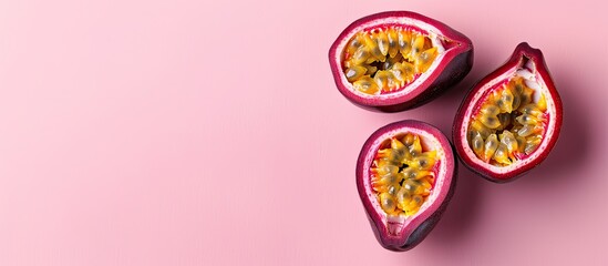 ripe Passion fruit Isolated on pastel background  Isolated. Copy space image. Place for adding text and design
