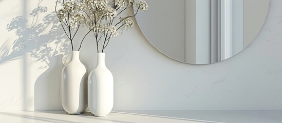Wall Mural - Beautiful white home interior decoration with vases and mirror. Copy space image. Place for adding text and design