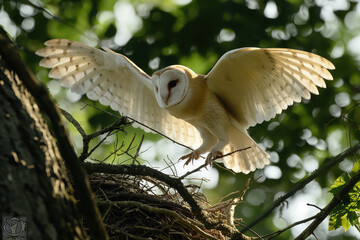 Wall Mural - Beautiful barn owl landing on nest with spread wings