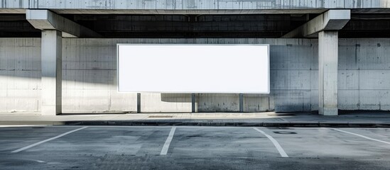 Poster - empty advertisement banner of white colour located between grey concrete building beams at parking lot on summer day. Copy space image. Place for adding text and design