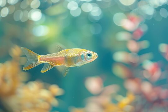 A fish swimming in a tank with a blurry background