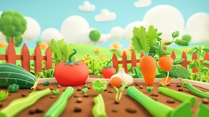 Wall Mural - 3d Cartoon green , fruits, farm, tropical foods , landscape, cloud cute theme 