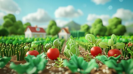 Wall Mural - 3d Cartoon green , fruits, farm, tropical foods , landscape, cloud cute theme 