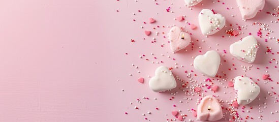 Wall Mural - Valentine's Day concept. Top view photo of heart shaped marshmallow candles and sprinkles on isolated light pink background with copyspace. Copy space image. Place for adding text or design