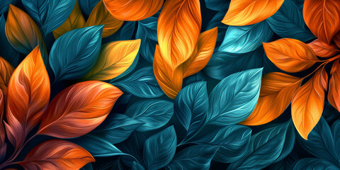 A colorful leafy background with blue and orange leaves