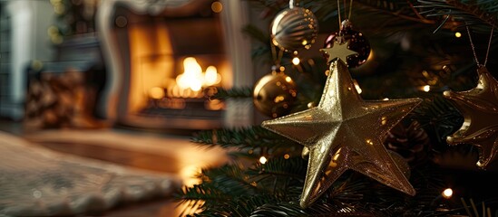 Canvas Print - A large goden star toy. Christmas toys on the Christmas tree near the burning fireplace. Christmas toys in the form of golden shiny star. Copy space image. Place for adding text and design