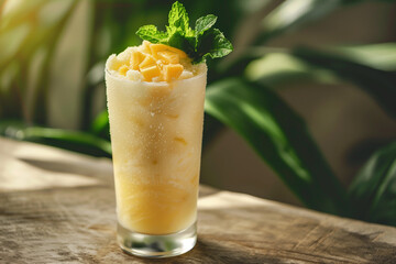 Pineapple slush topped with fresh pineapple chunks and mint, served in a tall glass, a delicious and refreshing summer drink