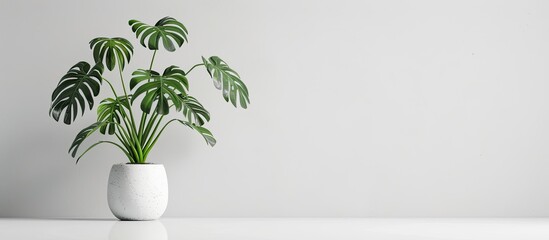 Tropical plant monstera in flowerpot on white background. Monochrome. Copy space image. Place for adding text and design