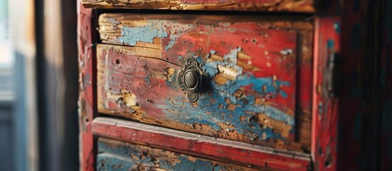 Sticker - renovated antique cupboard indoor, close up. Copy space image. Place for adding text and design