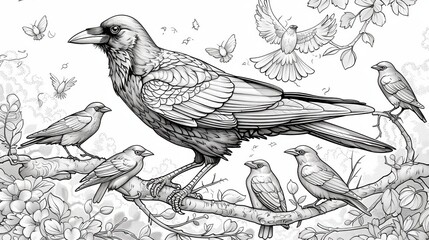 coloring book A beautiful detailed pencil drawing of a murder of crows perched on a branch. The image is full of intricate details and would be a great addition to any home or office.