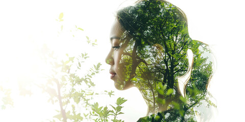 a double exposure photo of a beautiful woman with a green spring forest on a white background