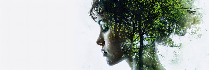 a double exposure photo of a beautiful woman with a green spring forest on a white background