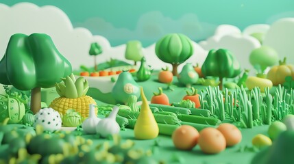 3d Cartoon green , fruits, farm, tropical foods , landscape, cloud cute theme 