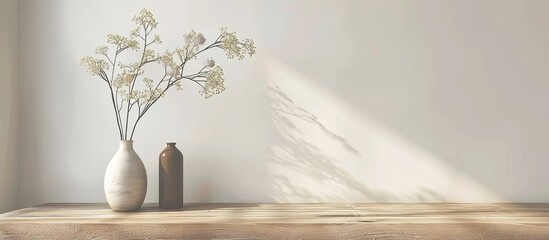 Canvas Print - A vase with flowers and a ceramic vase on a wooden table against a white wall in the room. Copy space image. Place for adding text and design