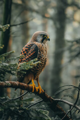 Wall Mural - Majestic kestrel perched on branch surveying forest surroundings