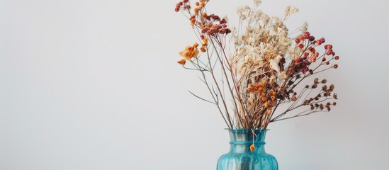 Wall Mural - Dried flowers. On a white background in a blue glass vase. Place for text or advertising. View from above. Copy space image. Place for adding text and design