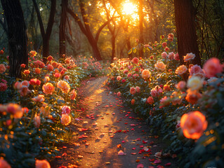 Wall Mural - a serene pathway lined with flowers and trees, leading towards a beautiful sunset.