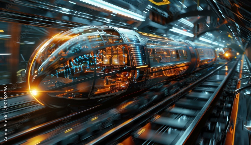 Futuristic train traveling at high speed through a tunnel. AI. Stock ...