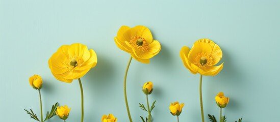 Sticker - Yellow wildflowers buttercup Isolated on pastel background. flower Ranunculus acris. Copy space image. Place for adding text and design