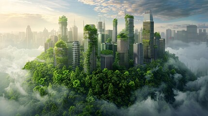 Eco-friendly city skyline: green future with sustainable architecture and green spaces, inspiring Save the Green Planet initiatives.