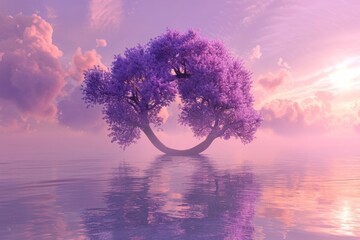 Wall Mural - Digital generated image of purple tree in shape of circle levitating in pink clouds over water surface.