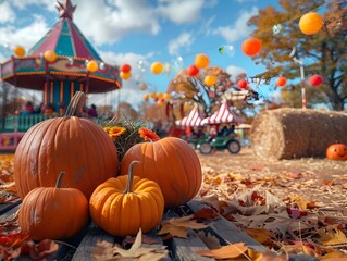 Festive Autumn Fair with Pumpkins Hay Rides and Colorful in a Rustic Countryside Landscape